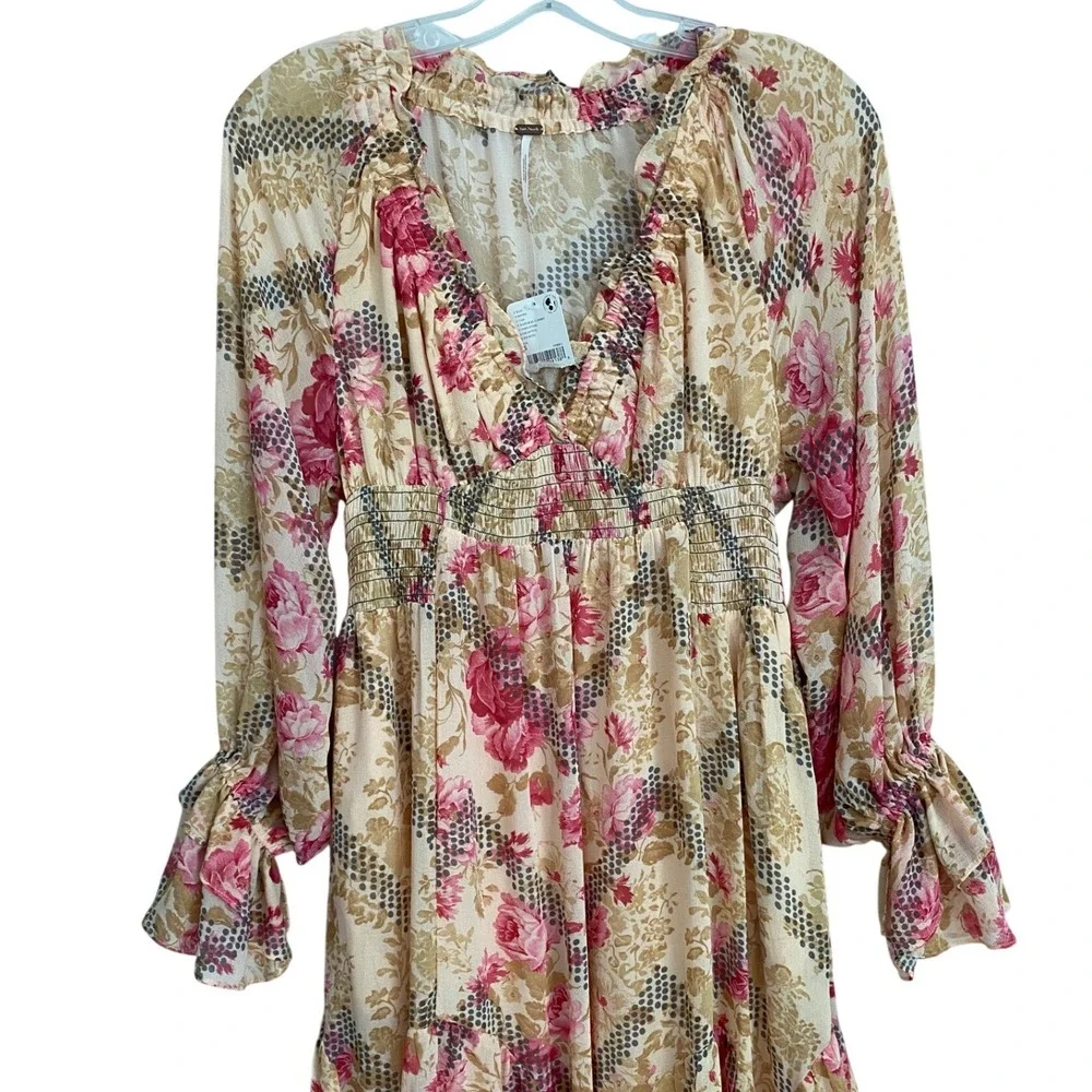 Free People Floral Maxi Dress Natural Combo V-Neck Smocked Waist Small OB2097030 - Picture 9 of 15